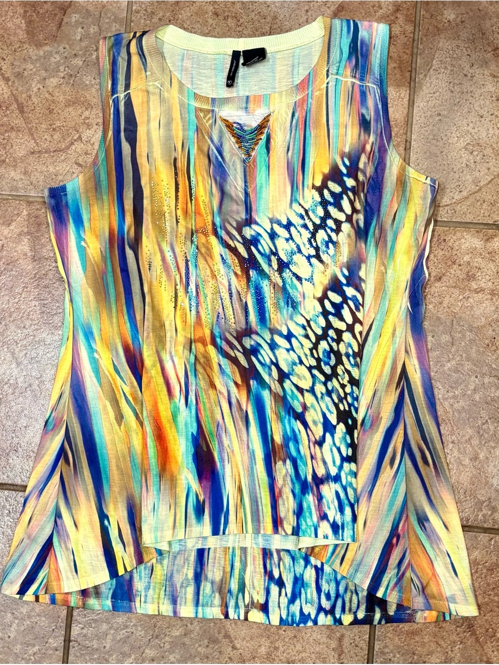 New Directions Multicolor Sleeveless Print Tunic -Embellished w Beads and Studs